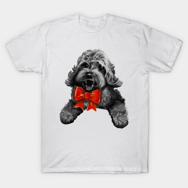 Cute Cavapoo Cavoodle puppy dog with red bow  - Monochrome cavalier king charles spaniel poodle, puppy love T-Shirt by Artonmytee